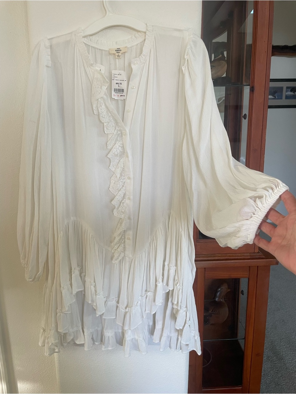 entro White Sheer Tunic Blouse with Lace Trim